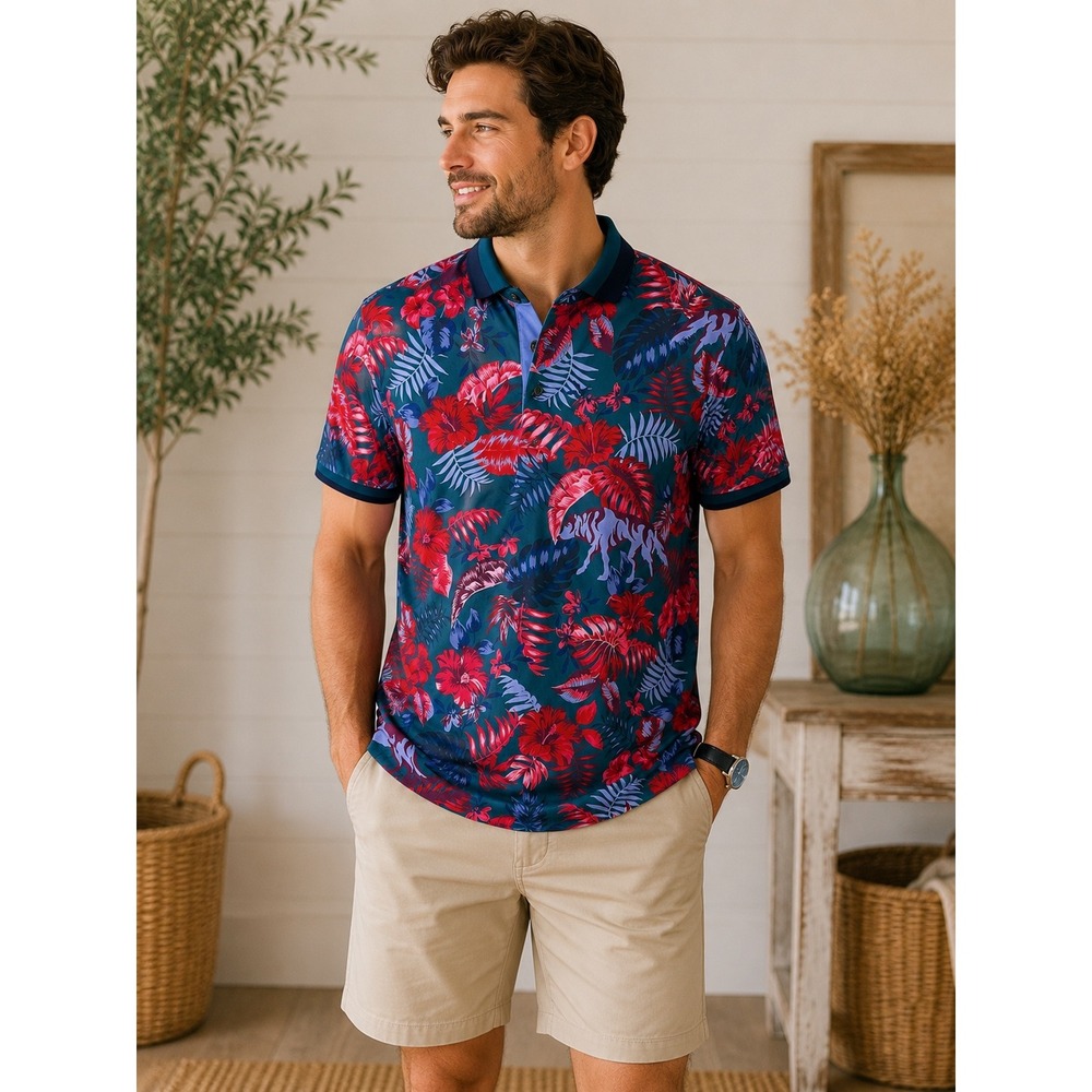 Greyson Clothiers Mens Large Tropical Floral Wolf Performance Golf Polo Teal Red